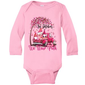 In October We Wear Pink Gnomes Truck Breast Cancer Baby Long Sleeve Bodysuit