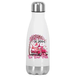 In October We Wear Pink Gnomes Truck Breast Cancer Stainless Steel Insulated Water Bottle