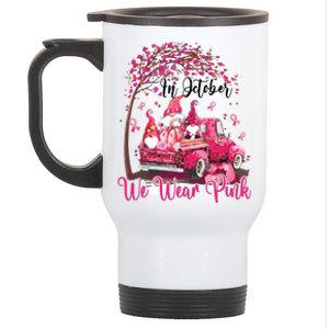 In October We Wear Pink Gnomes Truck Breast Cancer Stainless Steel Travel Mug