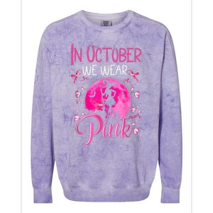 In October We Wear Ribbon Pink Halloween Witch Breast Cancer Colorblast Crewneck Sweatshirt