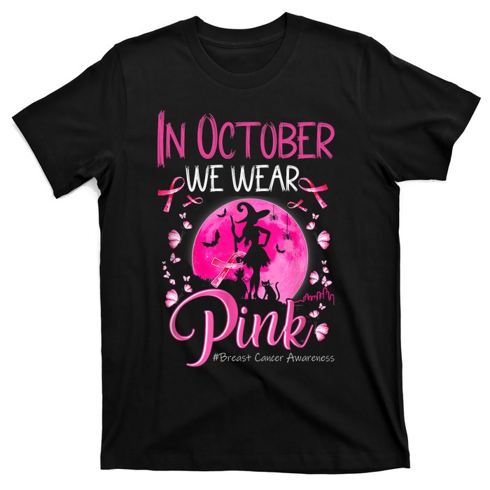 In October We Wear Ribbon Pink Halloween Witch Breast Cancer T-Shirt