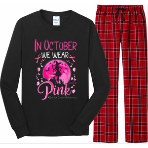 In October We Wear Ribbon Pink Halloween Witch Breast Cancer Long Sleeve Pajama Set