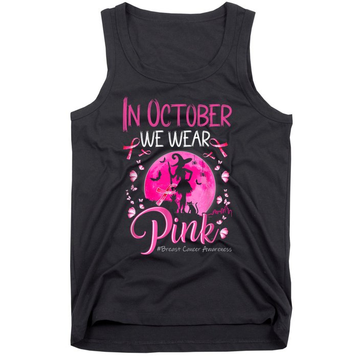 In October We Wear Ribbon Pink Halloween Witch Breast Cancer Tank Top