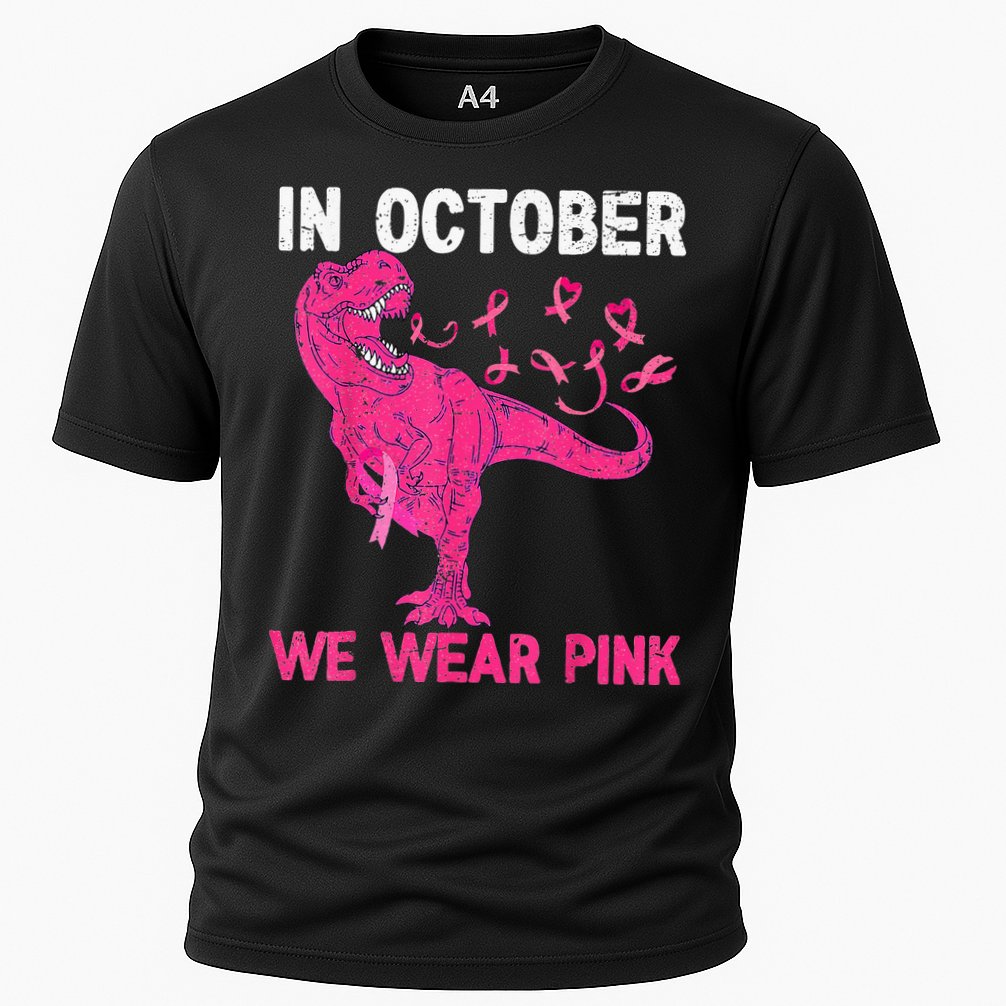 In October We Wear Pink Breast Cancer Trex Dino Kids Cooling Performance Crew T-Shirt