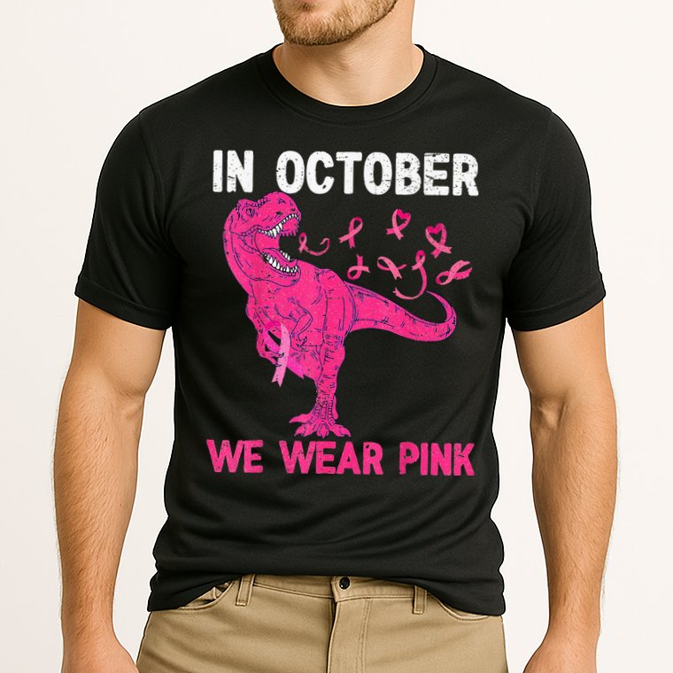 In October We Wear Pink Breast Cancer Trex Dino Kids Cooling Performance Crew T-Shirt
