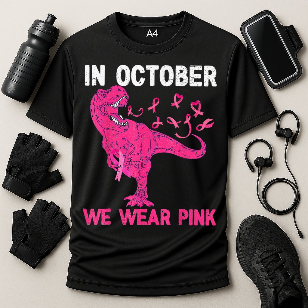 In October We Wear Pink Breast Cancer Trex Dino Kids Cooling Performance Crew T-Shirt