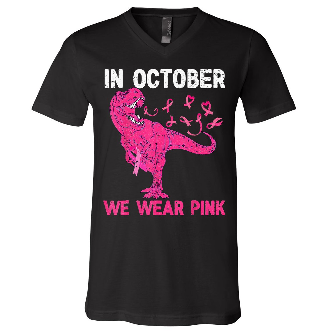 In October We Wear Pink Breast Cancer Trex Dino Kids V-Neck T-Shirt