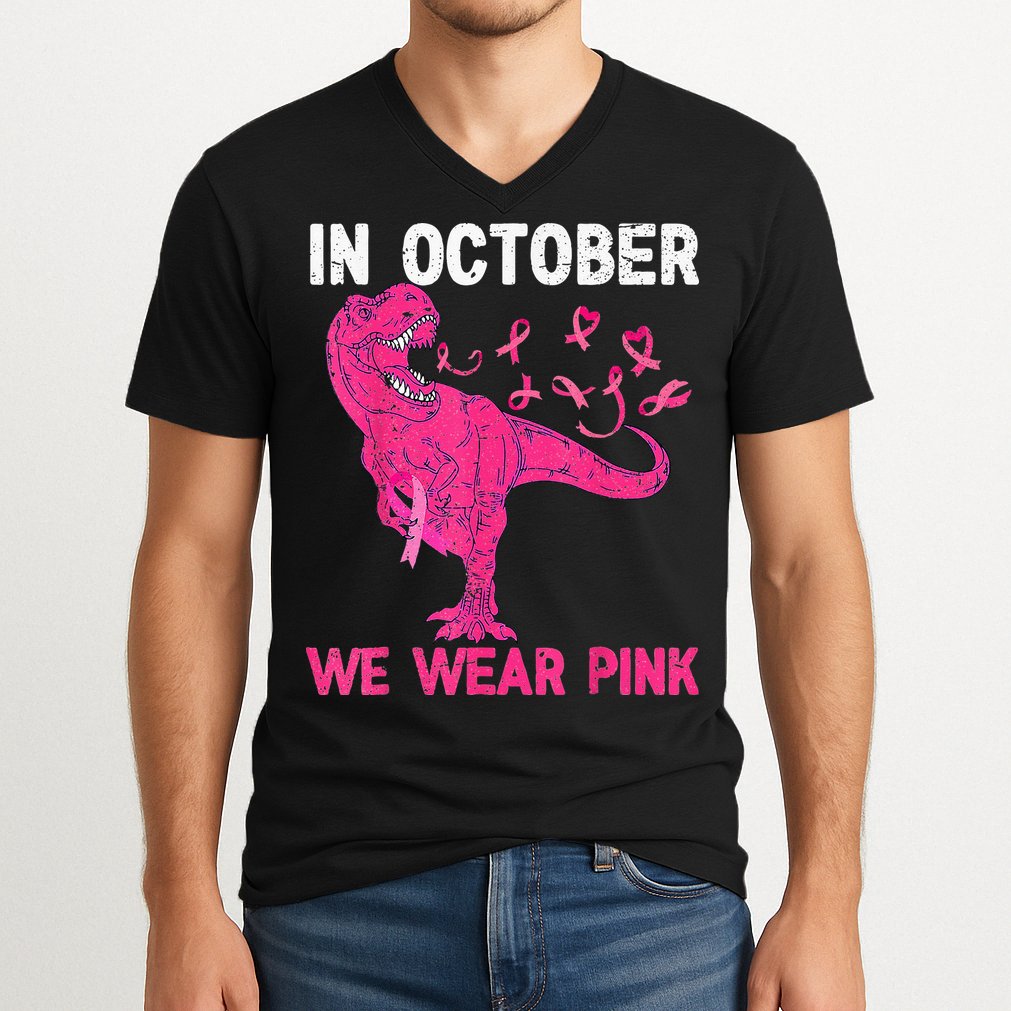 In October We Wear Pink Breast Cancer Trex Dino Kids V-Neck T-Shirt