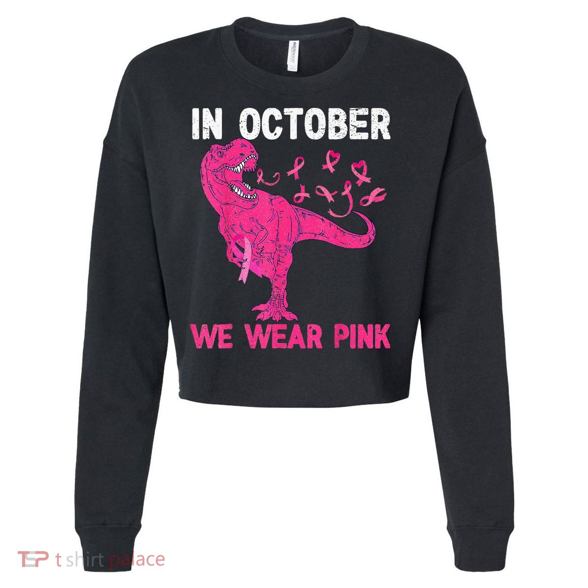 In October We Wear Pink Breast Cancer Trex Dino Kids Cropped Pullover Crew