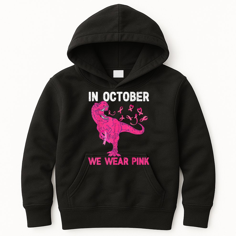 In October We Wear Pink Breast Cancer Trex Dino Kids Kids Hoodie