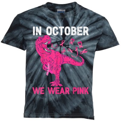 In October We Wear Pink Breast Cancer Trex Dino Kids Kids Tie-Dye T-Shirt