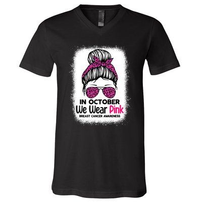 In October We Wear Pink Messy Bun Breast Cancer Awareness V-Neck T-Shirt