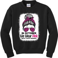 In October We Wear Pink Messy Bun Breast Cancer Awareness Kids Sweatshirt