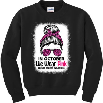 In October We Wear Pink Messy Bun Breast Cancer Awareness Kids Sweatshirt