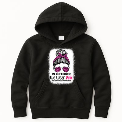 In October We Wear Pink Messy Bun Breast Cancer Awareness Kids Hoodie