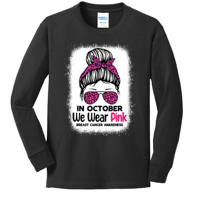 In October We Wear Pink Messy Bun Breast Cancer Awareness Kids Long Sleeve Shirt