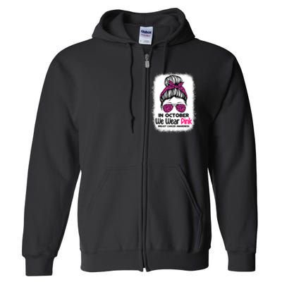 In October We Wear Pink Messy Bun Breast Cancer Awareness Full Zip Hoodie