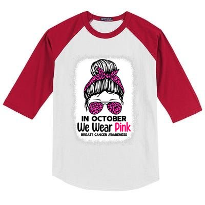 In October We Wear Pink Messy Bun Breast Cancer Awareness Kids Colorblock Raglan Jersey