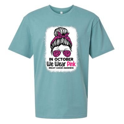 In October We Wear Pink Messy Bun Breast Cancer Awareness Sueded Cloud Jersey T-Shirt