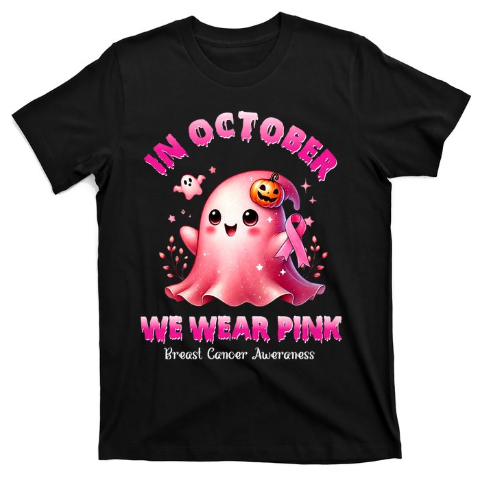 In October We Wear P.I.N.K. Ghost Witch Breast Cancer Awareness T-Shirt