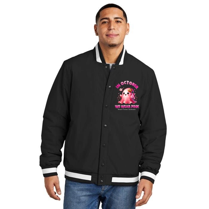 In October We Wear P.I.N.K. Ghost Witch Breast Cancer Awareness Insulated Varsity Jacket