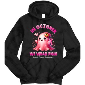 In October We Wear P.I.N.K. Ghost Witch Breast Cancer Awareness Tie Dye Hoodie