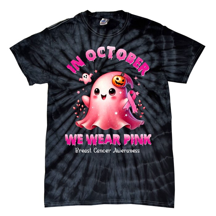 In October We Wear P.I.N.K. Ghost Witch Breast Cancer Awareness Tie-Dye T-Shirt