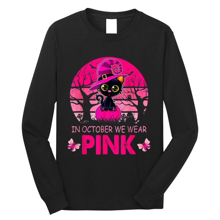 In October We Wear Pink Cute Cat Breast Cancer Awareness Long Sleeve Shirt