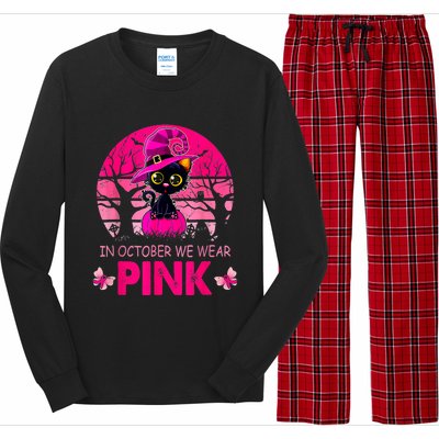 In October We Wear Pink Cute Cat Breast Cancer Awareness Long Sleeve Pajama Set