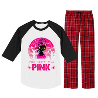 In October We Wear Pink Cute Cat Breast Cancer Awareness Raglan Sleeve Pajama Set