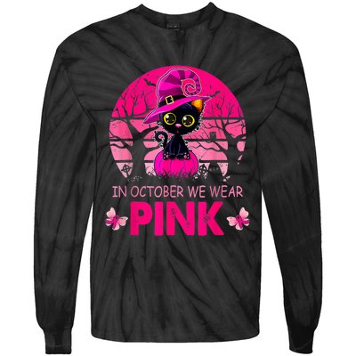 In October We Wear Pink Cute Cat Breast Cancer Awareness Tie-Dye Long Sleeve Shirt