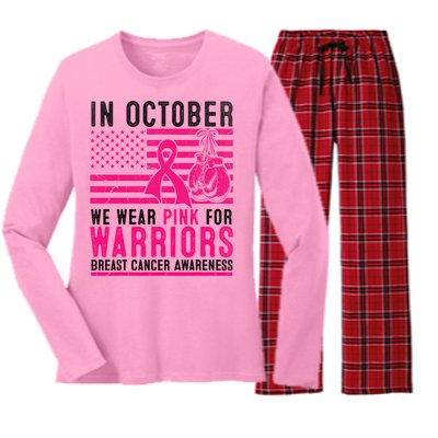 In October Wear Pink Support Warrior Awareness Breast Cancer Women's Long Sleeve Flannel Pajama Set 