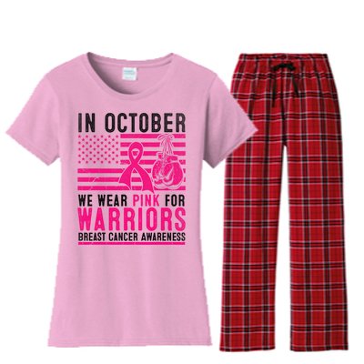 In October Wear Pink Support Warrior Awareness Breast Cancer Women's Flannel Pajama Set