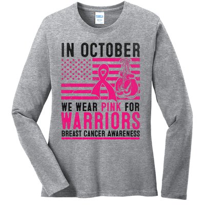 In October Wear Pink Support Warrior Awareness Breast Cancer Ladies Long Sleeve Shirt