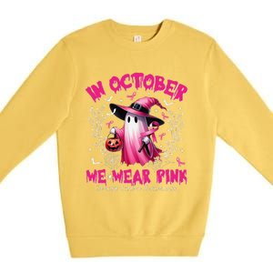 In October We Wear P.Ink Ghost Witch Breast Cancer Awareness Gift Premium Crewneck Sweatshirt