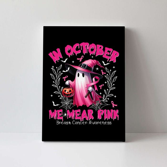 In October We Wear P.Ink Ghost Witch Breast Cancer Awareness Gift Canvas