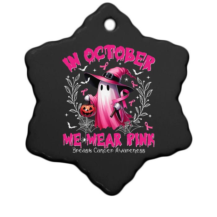 In October We Wear P.Ink Ghost Witch Breast Cancer Awareness Gift Ceramic Star Ornament