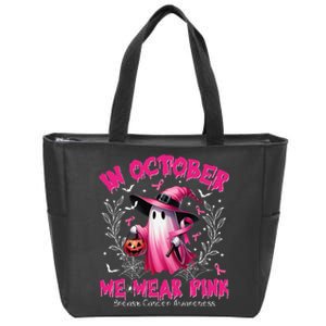 In October We Wear P.Ink Ghost Witch Breast Cancer Awareness Gift Zip Tote Bag