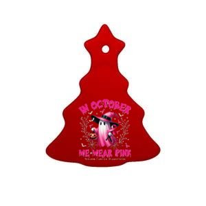 In October We Wear P.Ink Ghost Witch Breast Cancer Awareness Gift Ceramic Tree Ornament