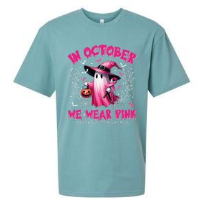 In October We Wear P.Ink Ghost Witch Breast Cancer Awareness Gift Sueded Cloud Jersey T-Shirt