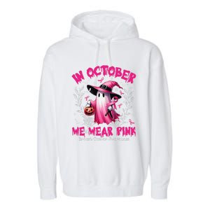 In October We Wear P.Ink Ghost Witch Breast Cancer Awareness Gift Garment-Dyed Fleece Hoodie