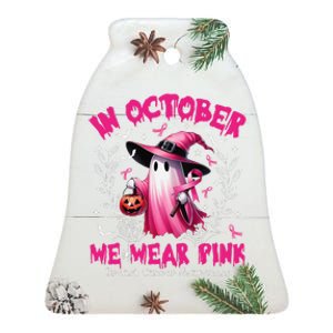 In October We Wear P.Ink Ghost Witch Breast Cancer Awareness Gift Ceramic Bell Ornament