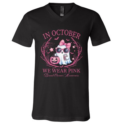 In October We Wear Pin.K Ghost Breast Cancer Awareness V-Neck T-Shirt