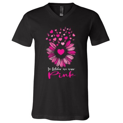 In October We Wear Pink Sunflower Breast Cancer awareness V-Neck T-Shirt