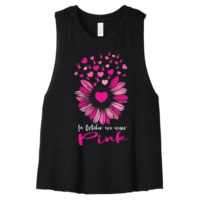 In October We Wear Pink Sunflower Breast Cancer awareness Women's Racerback Cropped Tank