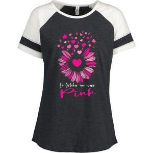 In October We Wear Pink Sunflower Breast Cancer awareness Enza Ladies Jersey Colorblock Tee