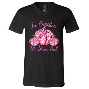 In October We Wear Pink Pumpkin Leopard Breast Cancer V-Neck T-Shirt