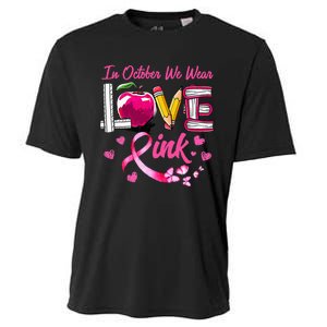 In October We Wear Pink LOVE Breast Cancer Awareness Teacher Cooling Performance Crew T-Shirt