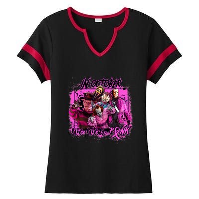 In October We Wear Pink Breast Cancer Horror Movies Ladies Halftime Notch Neck Tee