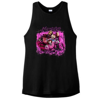 In October We Wear Pink Breast Cancer Horror Movies Ladies PosiCharge Tri-Blend Wicking Tank